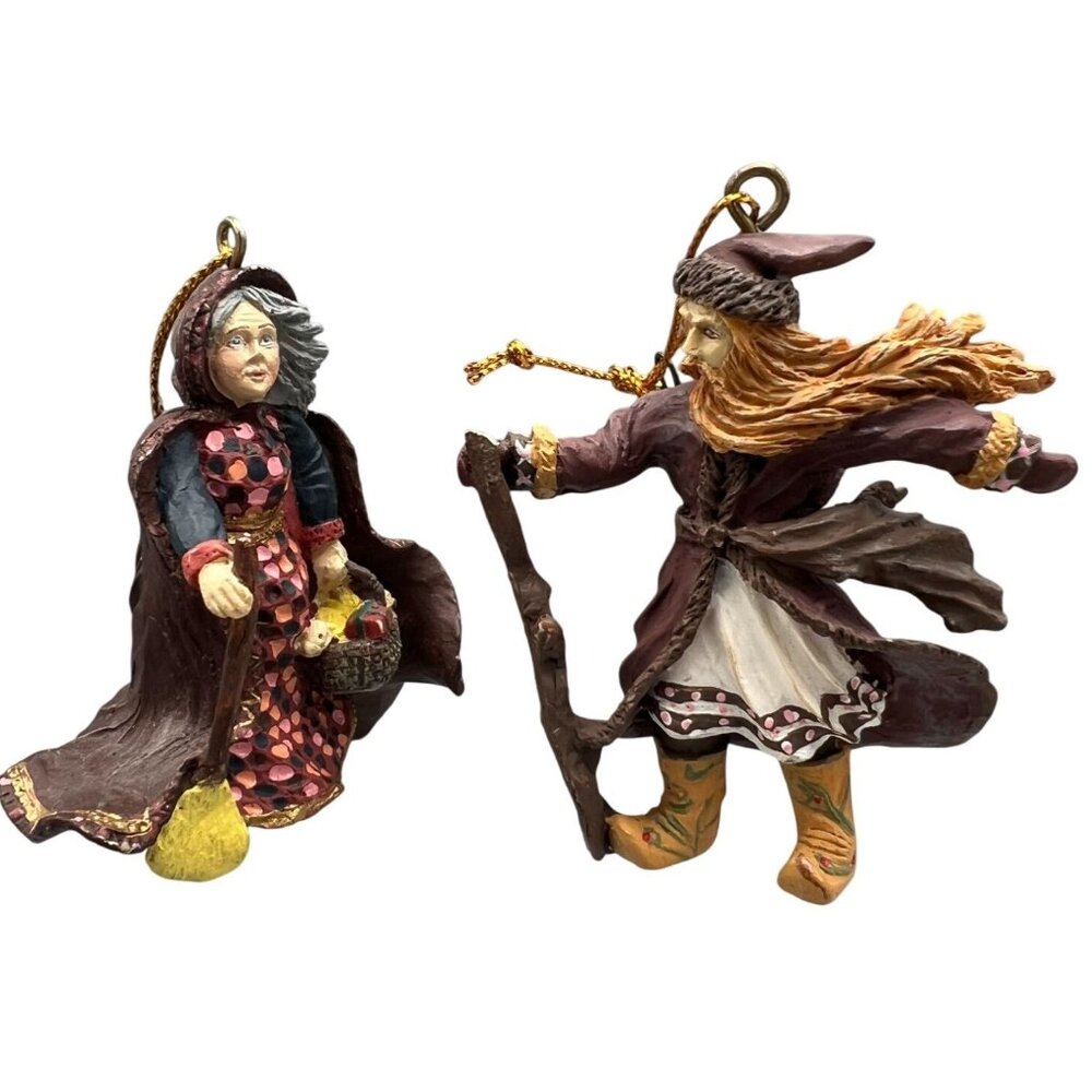 90's Vtg 2 Handcrafted Wizard & Witch Ornaments 3" Set Rodriguez & Duncan Resin